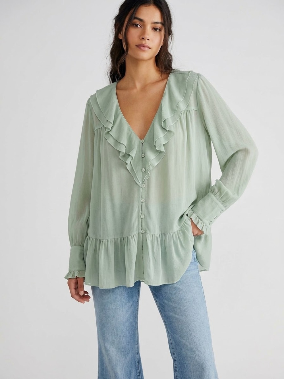 Free People Mint Green Ruffle V-Neck Button Front Peplum Tunic Blouse M